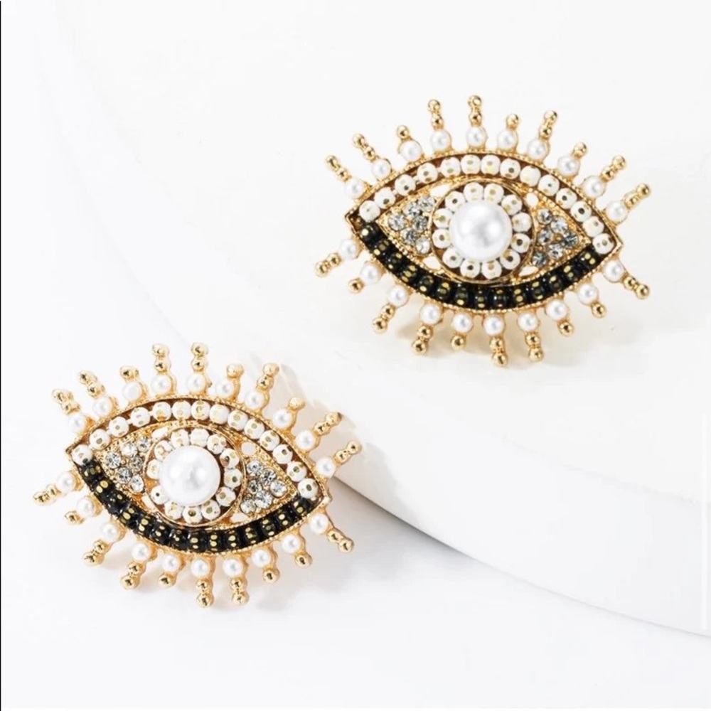 Evil Eye Stud Earrings white pearls and black studs
